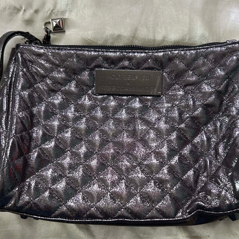 REBECCA MINKOFF HOLT RENFREW, WRIST BAG, BLACK SPARKLE QUILTED FABRIC, TOP ZIPPE